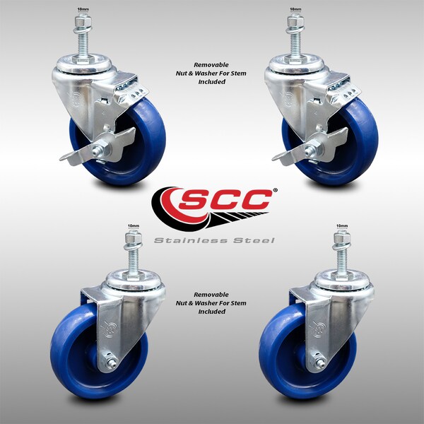 Service Caster 4 Inch SS Solid Polyurethane Swivel 10mm Threaded Stem Caster Brakes, 2PK SCC-SSTS20S414-SPUS-M1015-2-TLB-2 - main